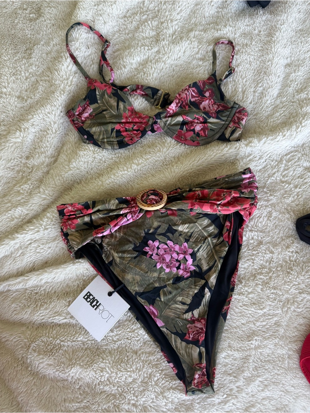 BEACH RIOTFloral Underwire Bikini Set in Olive with Pink Blooms